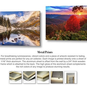 May include: Two rectangular metal prints featuring landscape photography, one showing a snow-capped mountain reflecting in a lake, the other a sunset over a forest. Text reads Metal Prints. Five small images show the back with a 3/4 inch wooden frame.