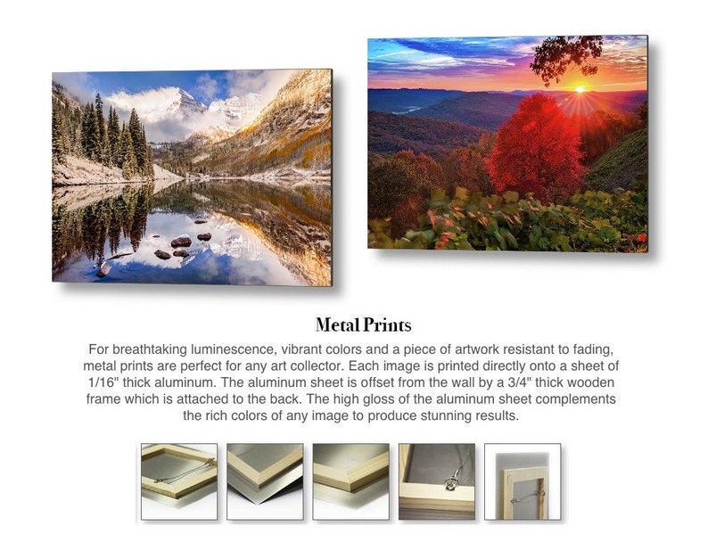 May include: Two rectangular metal prints featuring landscape photography, one showing a snow-capped mountain reflecting in a lake, the other a sunset over a forest. Text reads Metal Prints. Five small images show the back with a 3/4 inch wooden frame.
