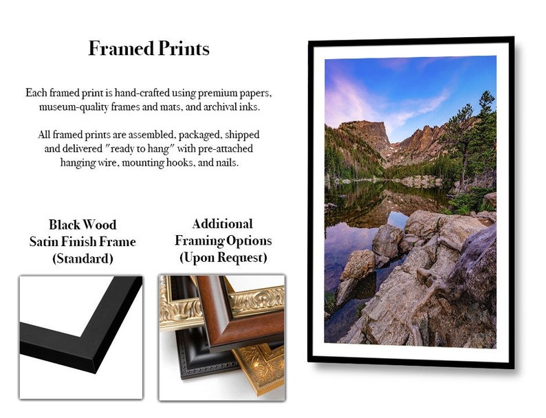 May include: A framed print featuring a landscape photograph of a mountain lake with rocky shores and a blue sky. The print is encased in a black wood satin finish frame. Text on the image includes Framed Prints, Black Wood Satin Finish Frame.