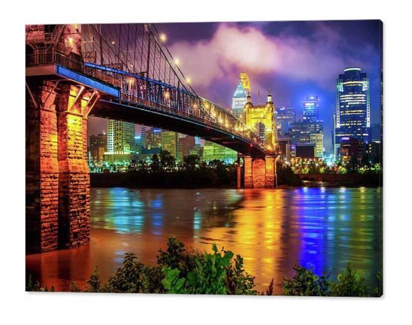 Cincinnati Skyline Art: Roebling Bridge, Ohio River Nightscape
