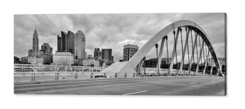 Main Street Bridge Monochrome Columbus Skyline Capital City Print BW Panoramic Art Ohio Cityscape Black and White Panorama Artwork