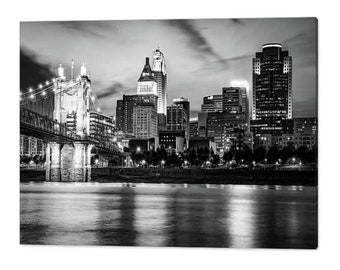 Cincinnati Skyline Print: Roebling Bridge, Black and White Photography