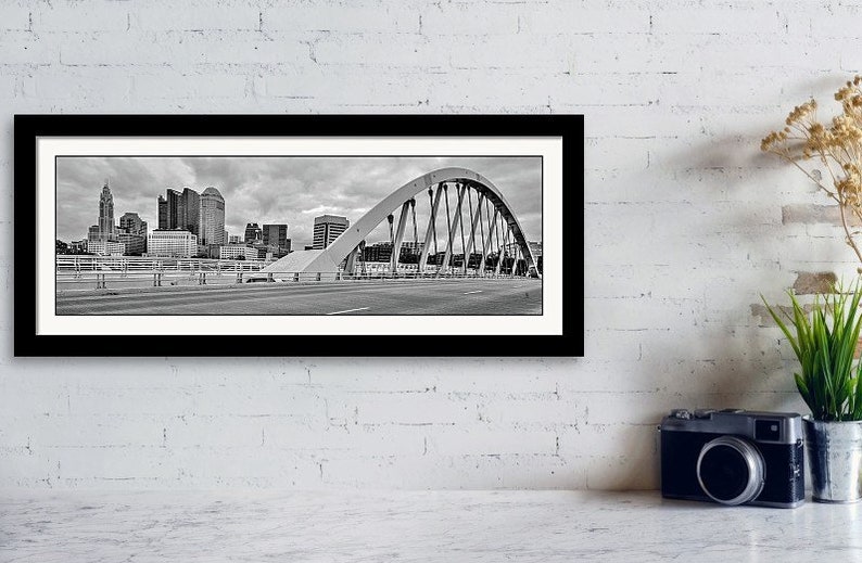 Main Street Bridge Monochrome Columbus Skyline Capital City Print BW Panoramic Art Ohio Cityscape Black and White Panorama Artwork