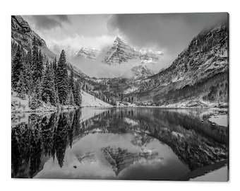Maroon Bells Print: Aspen Colorado Mountain Landscape, Black and White Wall Decor