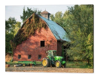 Barn and Tractor Print, Farmhouse Decor, Green Tractor, Barn Art, Missouri Farm House Print, Farm Art, John Deere Tractor, Country Art