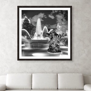 Mill Creek Park Fountain BW Wall Art, Square Format Kansas City Plaza Art Print, Missouri Wall Art, Kansas City Architecture Decor