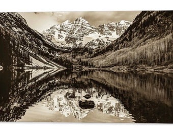Landscape Abstract Art Picture Sepia Cream Lake Reflection Wall Canvas 
