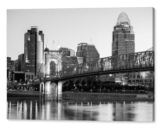 Cincinnati Skyline Print: Roebling Bridge, Black and White Ohio Art