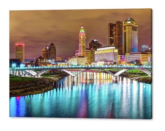 Columbus Skyline Print, Ohio Art, Columbus River and Cityscape, Architectural Print, Downtown Columbus, Scioto River Print, Dusk Images