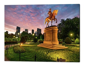 Boston Public Garden Print: George Washington Statue, Sunrise Cityscape