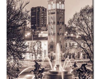 Kansas City Mill Creek Park Fountain Print: Giralda Tower Sepia Photography