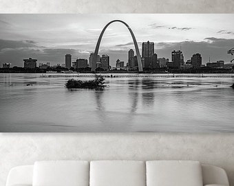 Saint Louis Skyline, Monochrome Panorama, Black and White, Missouri Art, Cityscape Print, Gateway Arch, Mississippi River, Panoramic Decor