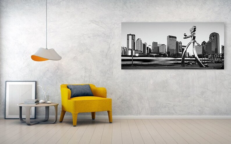 Black And White Dallas Traveling Man Skyline Wall Art Dallas Texas Skyline Panorama Architectural Wall Art Home Decor Deep Ellum