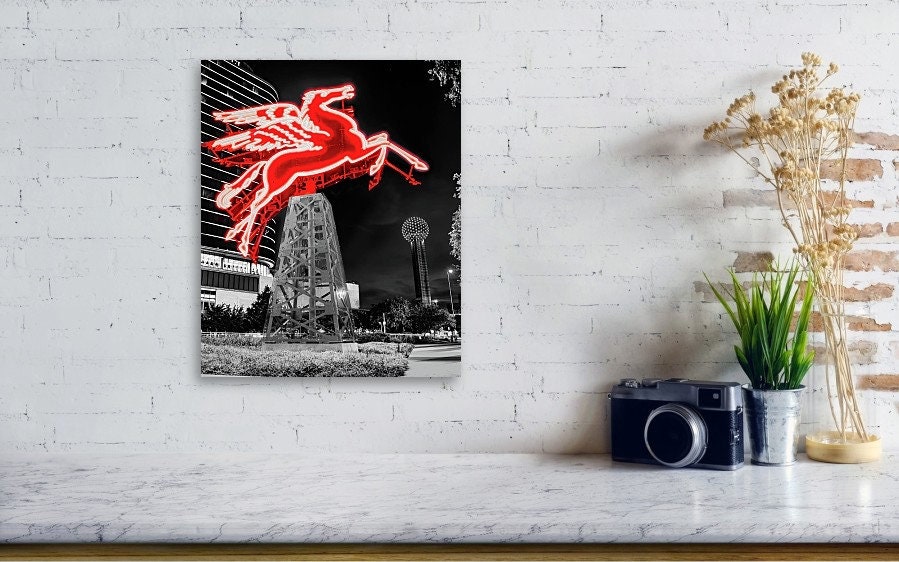 Dallas Red Pegasus Neon Sign Print: Selective Color Pop, Reunion Tower ...