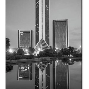 Tulsa CityPlex Towers, Black and White, Monochrome, Oklahoma Architecture, Skyscraper, Iconic Landmark, University, Fountain