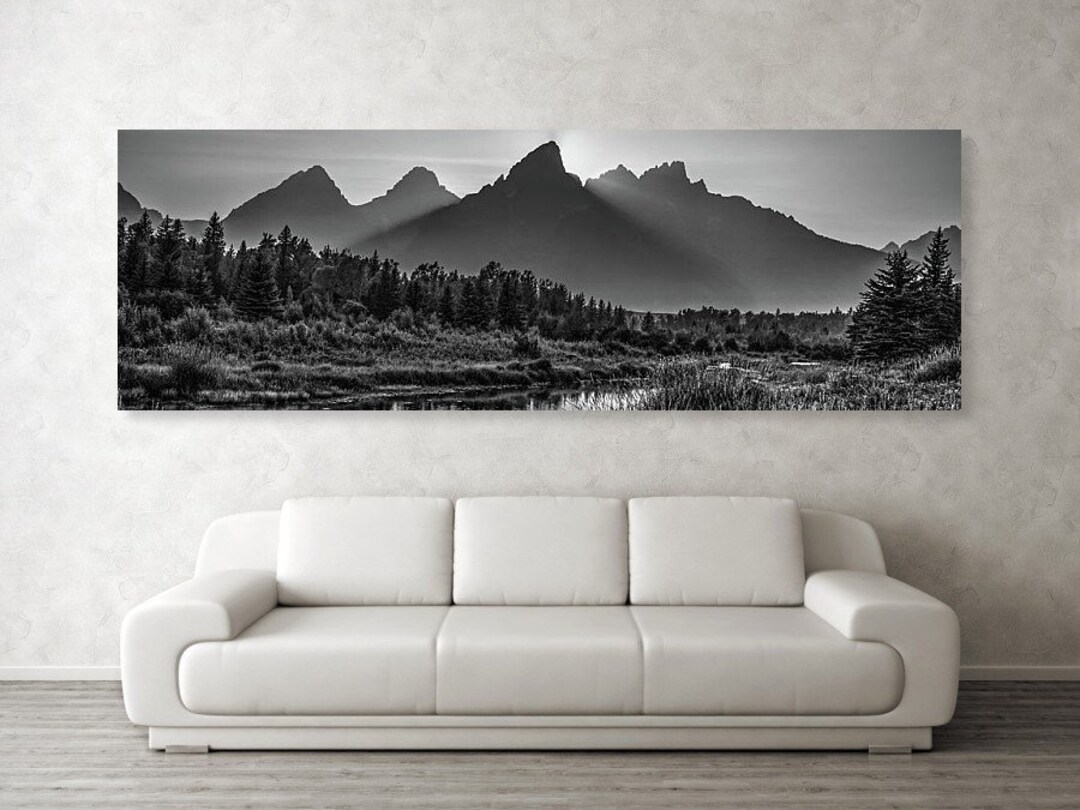Grand Teton Sunset Panorama: Black and White Mountain Landscape Art - Etsy