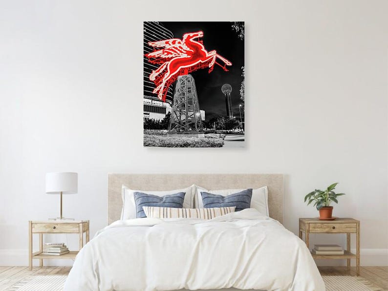 Dallas Red Pegasus Neon Sign Print: Selective Color Pop, Reunion Tower ...
