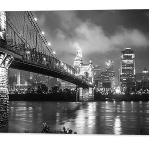 Cincinnati Skyline Print, Architectural Decor, Monochrome Art, Ohio River, Cincinnati Ohio, John Roebling Bridge, Wall Decor, Cincy Skyline