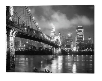 Cincinnati Skyline Print, Architectural Decor, Monochrome Art, Ohio River, Cincinnati Ohio, John Roebling Bridge, Wall Decor, Cincy Skyline