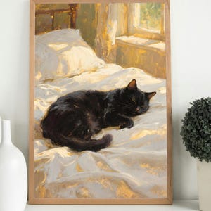 Black Cat Sleeping in Sunlight Art Print | Giclée Wall Art UK | Cosy Pet Memorial Gift | Cat Lover Bedroom Decor | A1–A5 Print