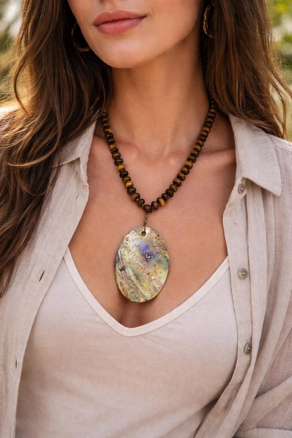 Boho Abalone Shell Pendant Necklace – Iridescent Natural Shell with Earth Tone Beads