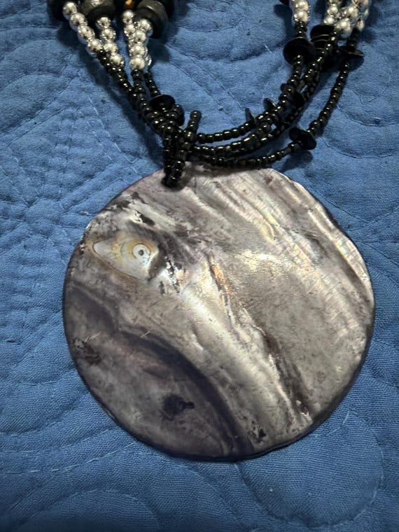 Boho Shell Statement Necklace – Black & Silver Be… - image 2