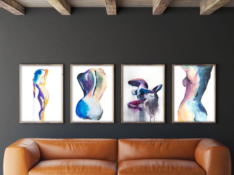 Erotische kunstprint set van 4 | Afdrukbare kunst aan de muur naakt | Figuratieve digitale download afbeelding 2