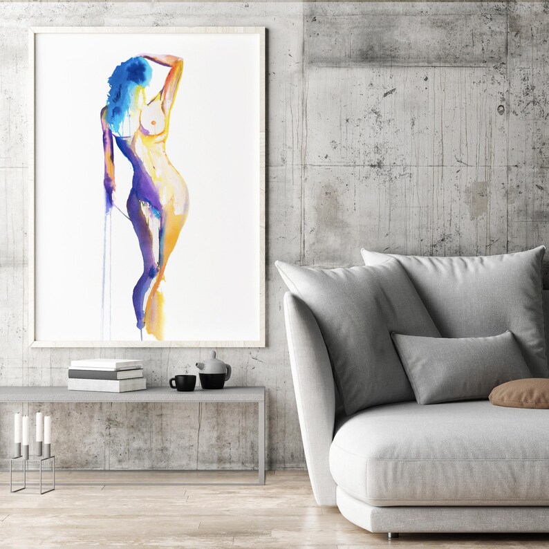 Erotic Art Print | Vibrant Standing Nude Watercolor | Nude Painting Wall Art image 7