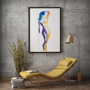 Erotic Art Print | Vibrant Standing Nude Watercolor | Nude Painting Wall Art image 4