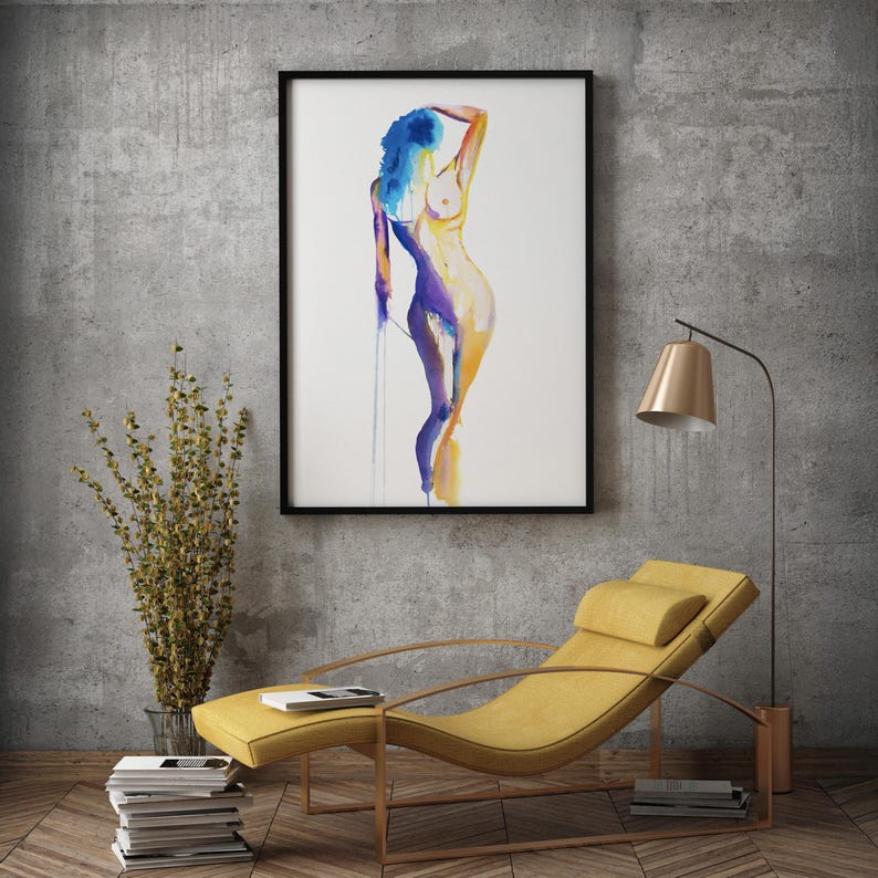 Erotic Art Print | Vibrant Standing Nude Watercolor | Nude Painting Wall Art image 4