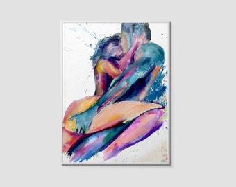 Erotic Couple Art Print | Romantic Embrace Watercolor | Sensual Nude Couple Wall Art | Intimate Bedroom Decor