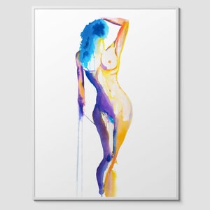 Framed abstract watercolor painting of a nude woman with blue hair standing in a graceful pose. Features vibrant yellow, purple, and blue tones with fluid brushstrokes and subtle drips. Elegant and expressive fine art by Nick Horvath.