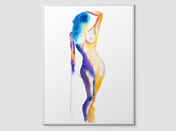 Erotic Art Print | Vibrant Standing Nude Watercolor | Nude Painting Wall Art