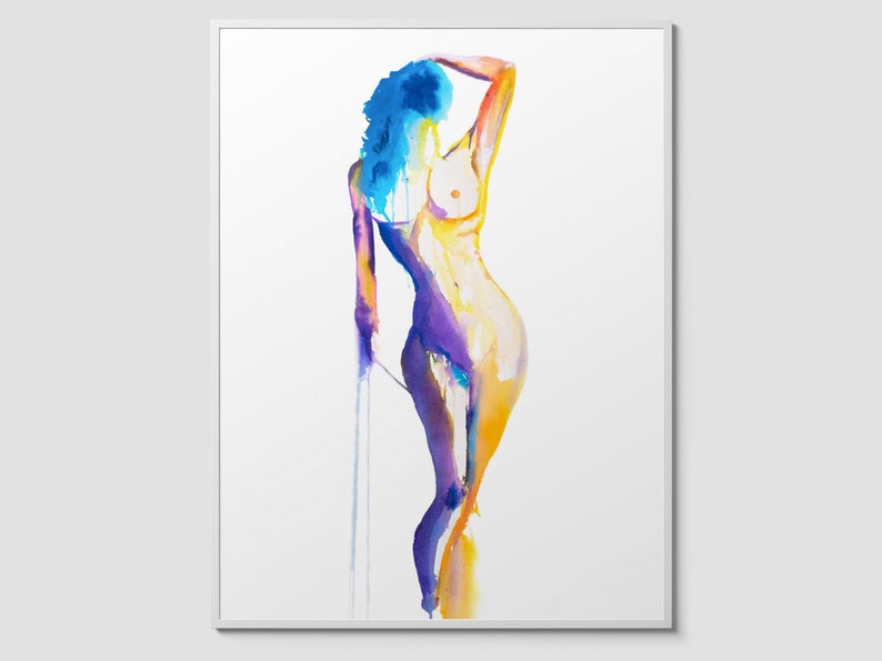 Framed abstract watercolor painting of a nude woman with blue hair standing in a graceful pose. Features vibrant yellow, purple, and blue tones with fluid brushstrokes and subtle drips. Elegant and expressive fine art by Nick Horvath.