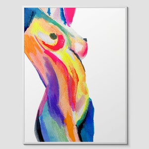 Framed abstract watercolor painting of a nude female torso in vivid rainbow colors. Bold strokes of red, yellow, orange, blue, and purple create a vibrant, expressive figure. Sensual and modern art by Nick Horvath.