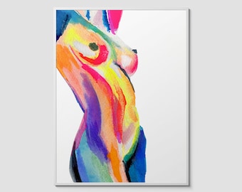 Estampado de acuarela de desnudo arcoíris / Figura femenina abstracta vibrante / Arte corporal colorido / Decoración de pared femenina y audaz