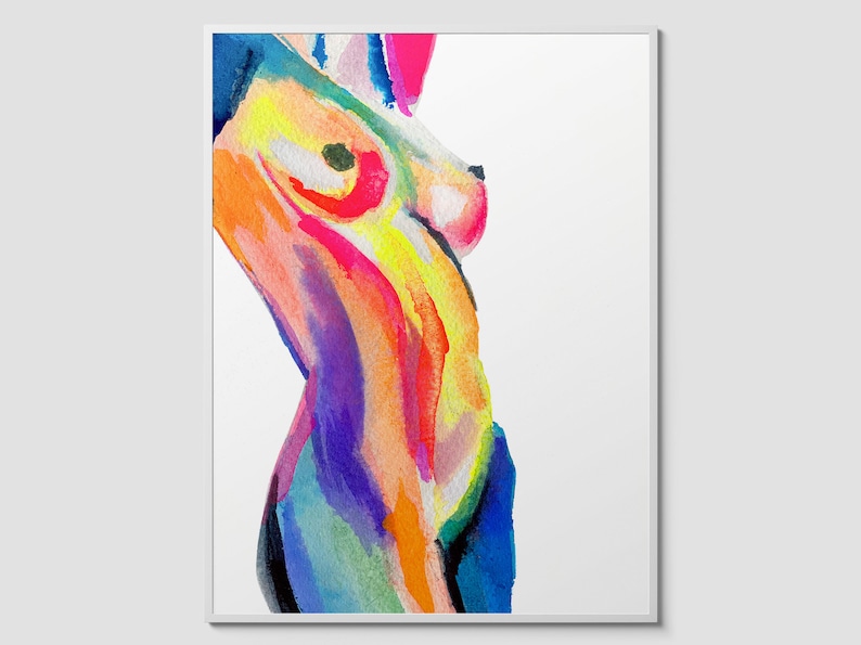 Framed abstract watercolor painting of a nude female torso in vivid rainbow colors. Bold strokes of red, yellow, orange, blue, and purple create a vibrant, expressive figure. Sensual and modern art by Nick Horvath.