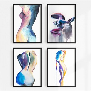 Erotische kunstprint set van 4 | Afdrukbare kunst aan de muur naakt | Figuratieve digitale download afbeelding 1