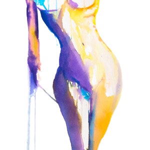 Close-up of an abstract nude watercolor painting by Nick Horvath, featuring a curvy female torso in bold yellow, purple, and blue tones. Elegant and fluid brushstrokes with a minimalist white background.