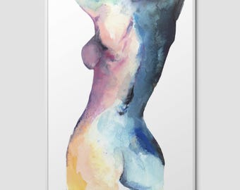 Estampado de acuarela de desnudo azul / Figura femenina abstracta sensual / Arte corporal expresivo / Decoración de pared moderna con desnudo