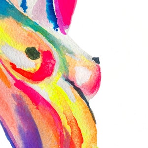 Close-up of a vibrant abstract watercolor nude painting by Nick Horvath, featuring bold rainbow hues and expressive brushstrokes on the female torso. Bright reds, yellows, and purples create a striking, sensual composition.