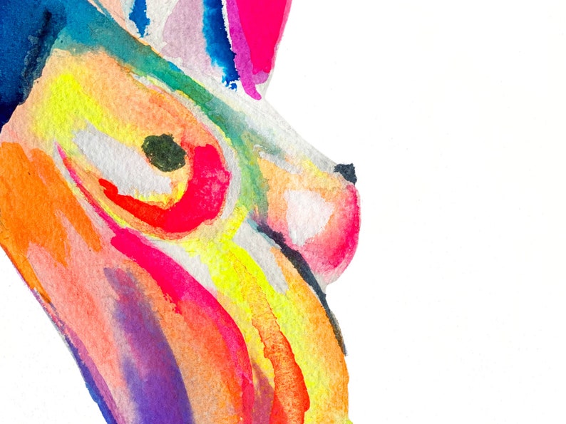 Close-up of a vibrant abstract watercolor nude painting by Nick Horvath, featuring bold rainbow hues and expressive brushstrokes on the female torso. Bright reds, yellows, and purples create a striking, sensual composition.