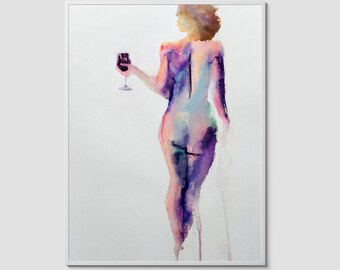Erotic Art Print | Wine Glass Nude Watercolor | Sensual Female Figure | Nude Painting Wall Art