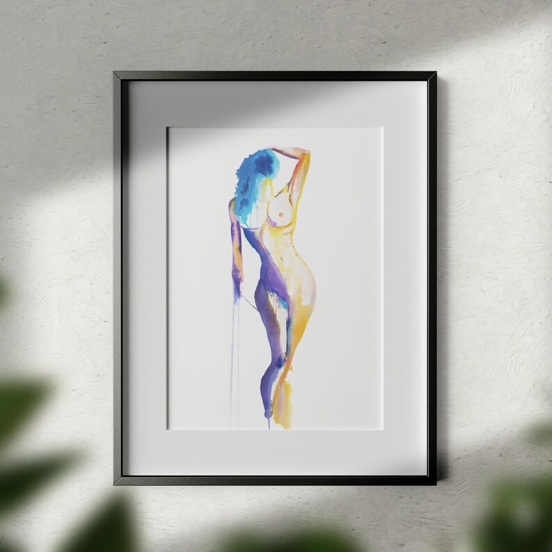 Erotic Art Print | Vibrant Standing Nude Watercolor | Nude Painting Wall Art image 2