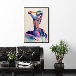 Lámina de arte erótico – Acuarela colorida de desnudo sentado / Figura femenina abstracta / Cuadro de desnudo para pared imagen 5