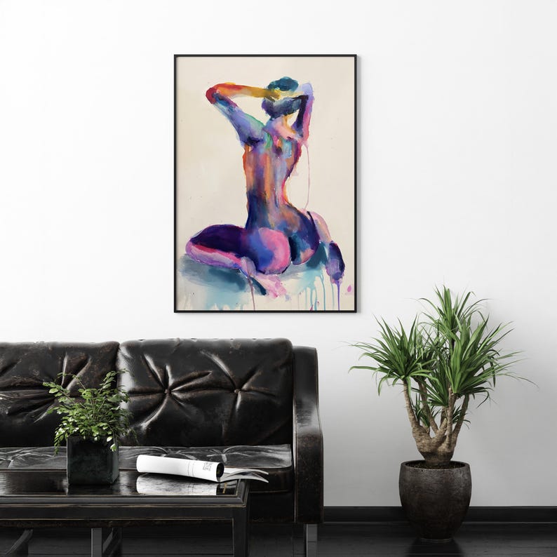 Lámina de arte erótico – Acuarela colorida de desnudo sentado / Figura femenina abstracta / Cuadro de desnudo para pared imagen 5