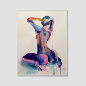 Framed abstract watercolor painting of a nude woman kneeling with arms raised, viewed from the back. Bold brushstrokes in purples, blues, oranges, and pinks with expressive drips. Sensual and modern figure art by Nick Horvath.
