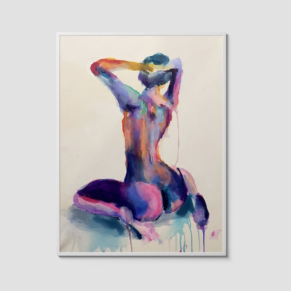 Erotic Art Print – Seated Colorful Nude Watercolor | Abstract Female Figure | Nude Painting Wall Art