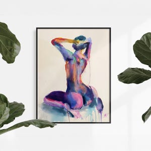 Lámina de arte erótico – Acuarela colorida de desnudo sentado / Figura femenina abstracta / Cuadro de desnudo para pared imagen 6