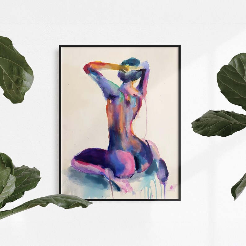 Lámina de arte erótico – Acuarela colorida de desnudo sentado / Figura femenina abstracta / Cuadro de desnudo para pared imagen 6